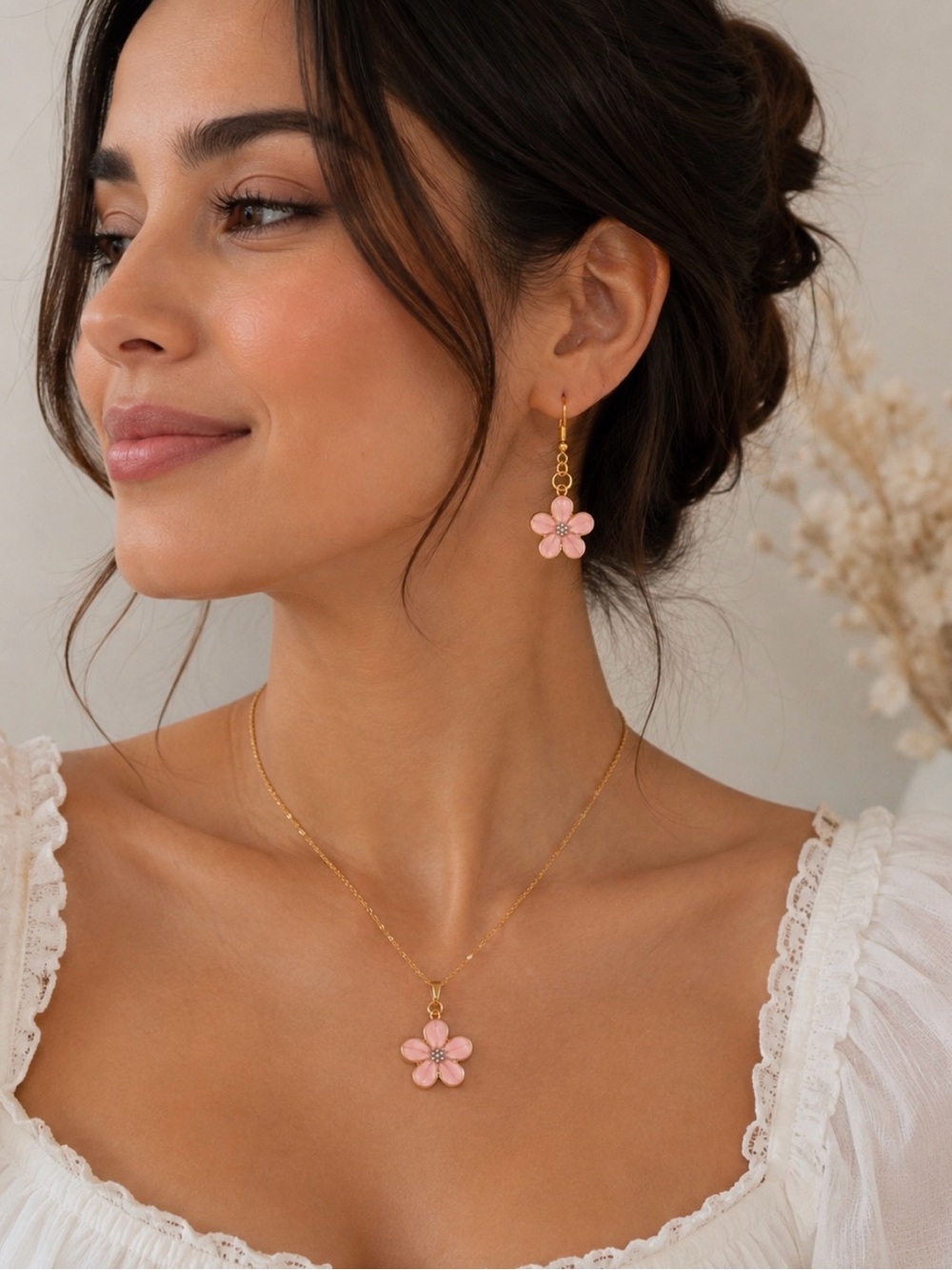 Pink Floral Pendant Necklace and Earrings Set - Gold Tone